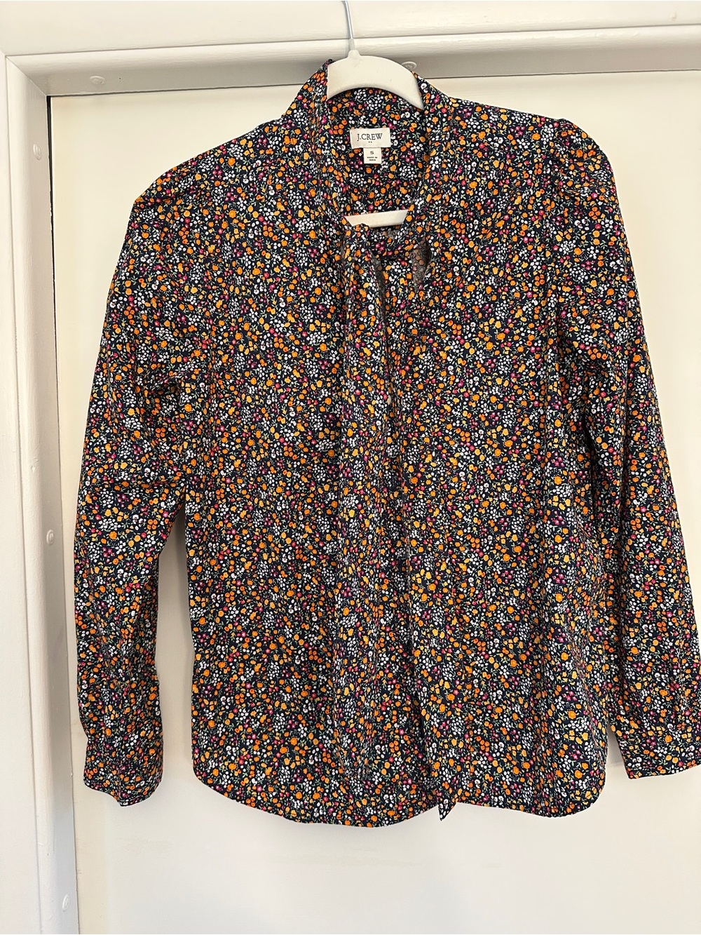 J.Crew Women’s Floral Tie-Neck Shirt - Navy with Orange & Blue Ditsy Print